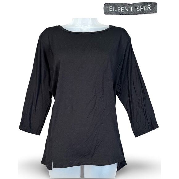 Eileen Fisher Stretch Tunic Top Women Large Black 3/4 Sleeve Oversized Knit Chic - Picture 1 of 11